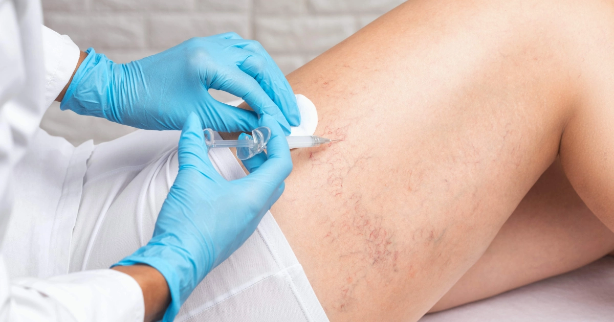 A close-up of a patient’s thigh with spider veins as a medical professional performs sclerotherapy for Leg Vein Removal in Tupelo, MS using a syringe and gauze.