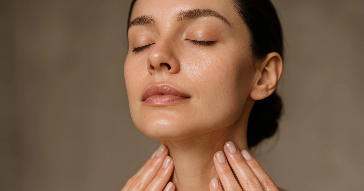 Woman with glowing skin touching her neck and face, eyes closed, showing radiant complexion after Glo2 Facial in Tupelo, MS.