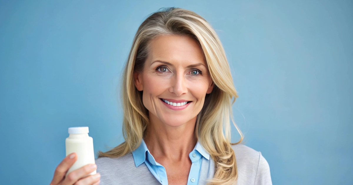 A smiling woman holds a white supplement bottle against a blue background during BioTE Hormone Therapy in Tupelo, MSA.